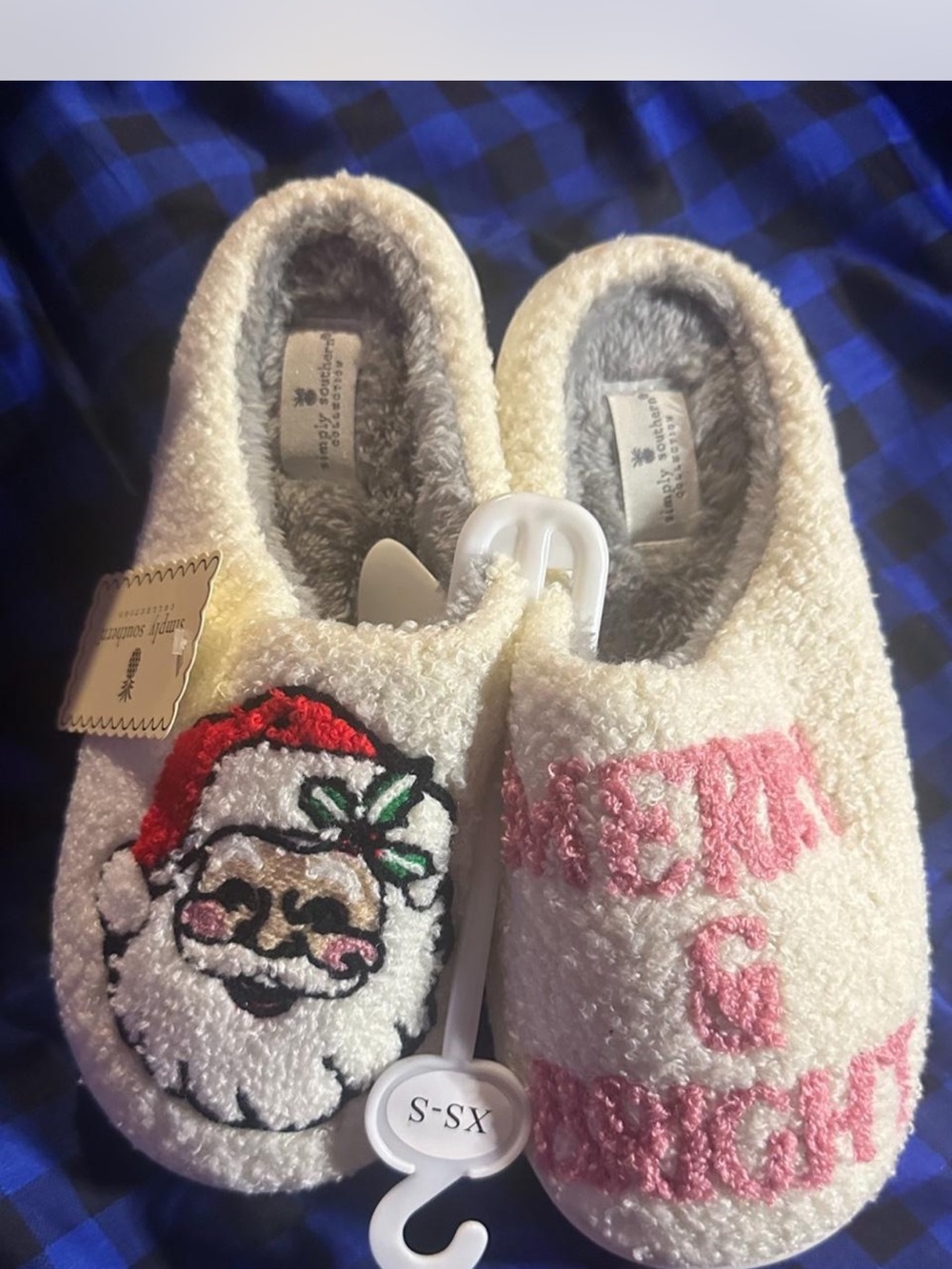 Simply Southern Cream Kids Holiday Santa Slippers with Pink Lettering
